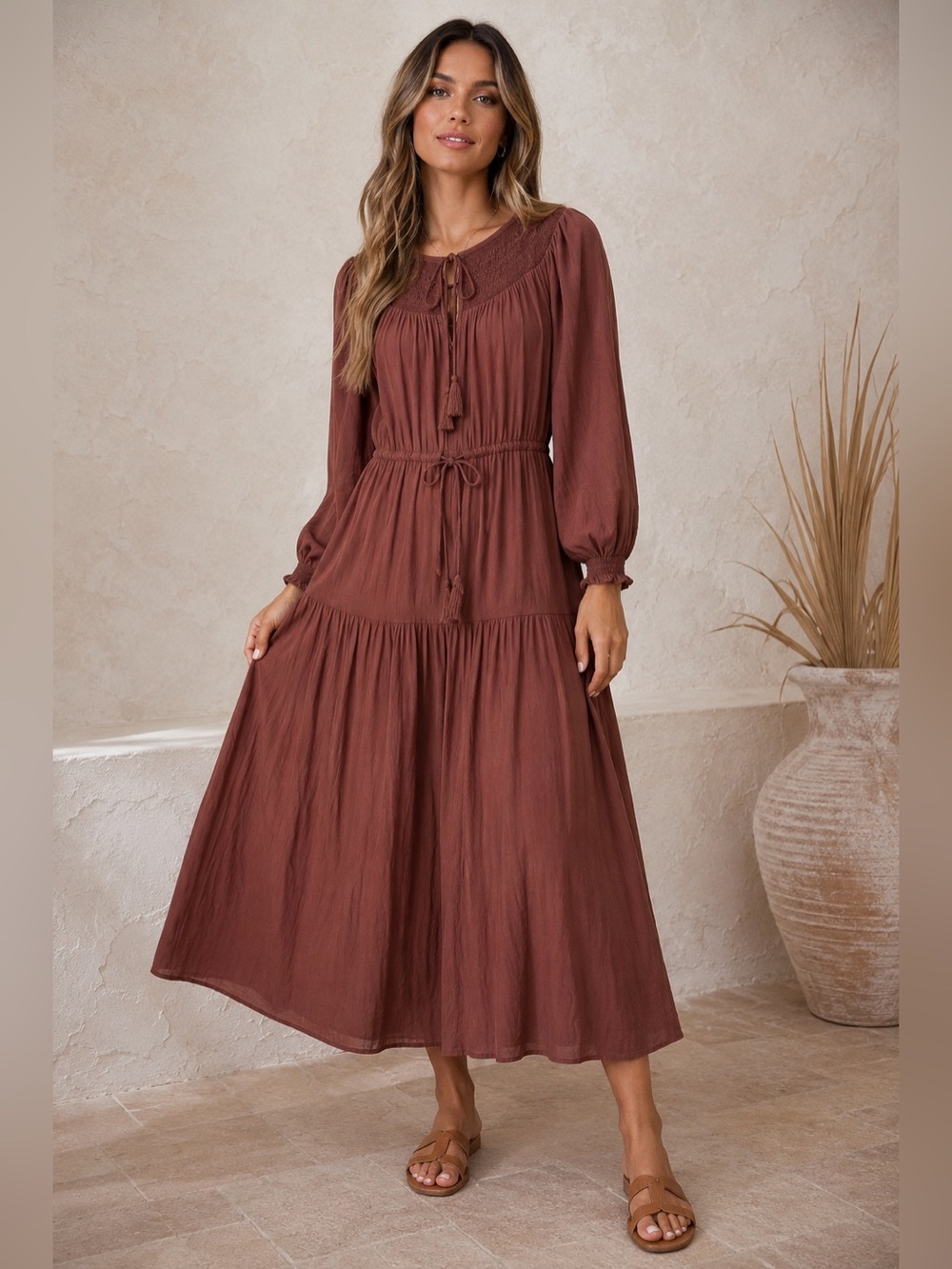 Old Navy Women’s Brown Boho Maxi Dress Size S Long Sleeve Smocked Neck